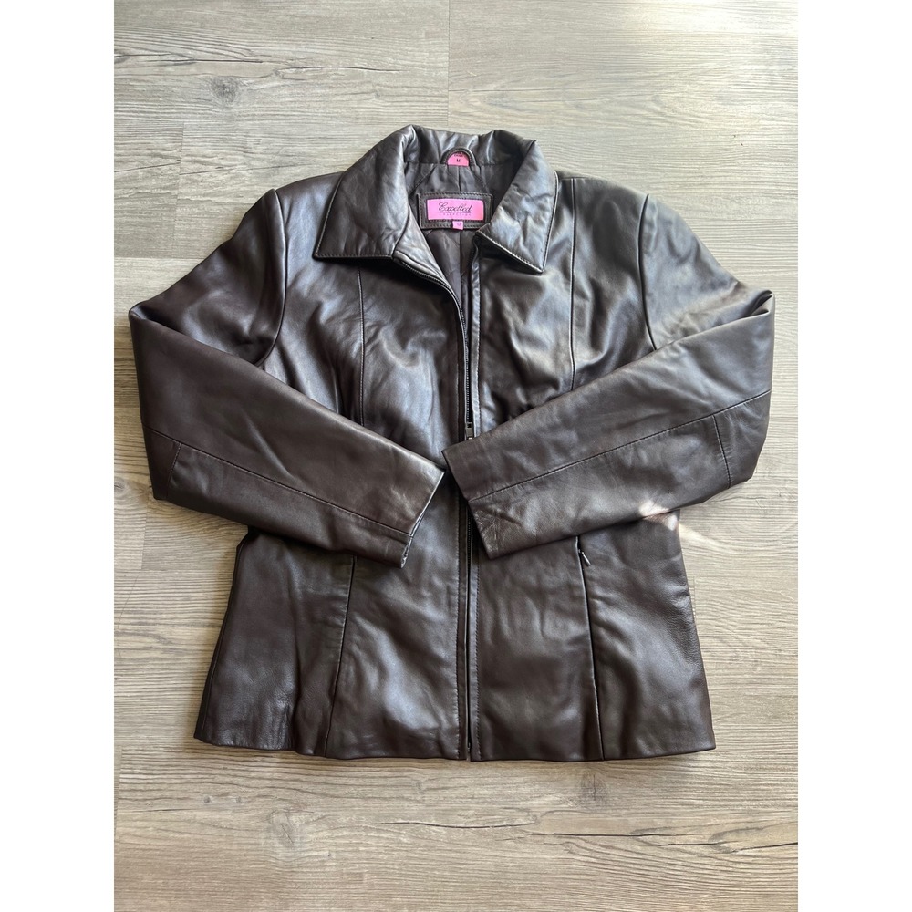 Excelled Collection Women's 100% Leather Brown Zip Up Jacket Size Medium